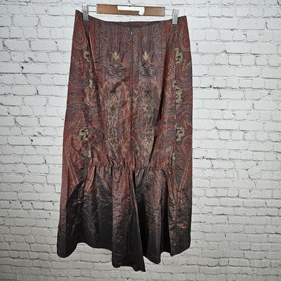 VTG Devan Red Paisley Unlined Ruched Back Pockets Zip Long A-Line Skirt USA 8