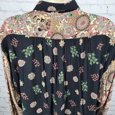 VTG Platinum Dorothy Schoelen Black Floral Long Sleeve Buttoned Blouse Top US PL