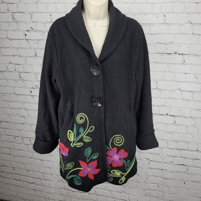 Carson Black 100% Wool Floral Applique Snap Closure Pockets Lined Coat Large L