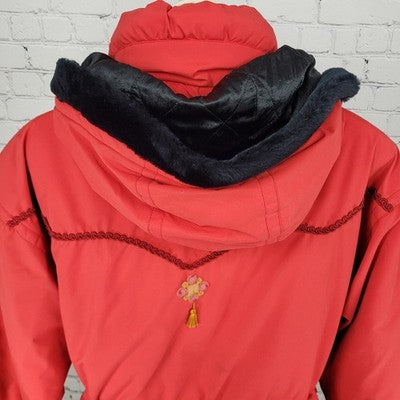 VTG Skiing Passport Retro Red Insulated Hooded Zip Pockets Jacket Size Medium M
