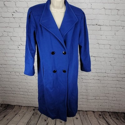 VTG KAREN Blue 100% Wool Puff Sleeve Heavyweight Lined Pea Coat USA Made Size 6