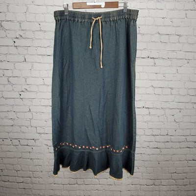 Sun River Blue Chambray Embroidered Floral Lace Trim Unlined Maxi Skirt Medium M