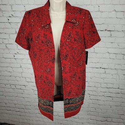 NWT Studio 1 Deep Red Floral Shoulder Pad Open Layering Tunic Top Size 12P