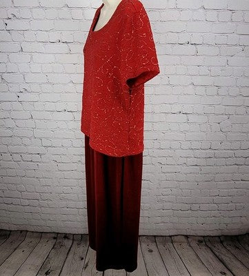 VTG Kathie Lee Cranberry Red Sequin Velvet Short Sleeve Long Dress Large L