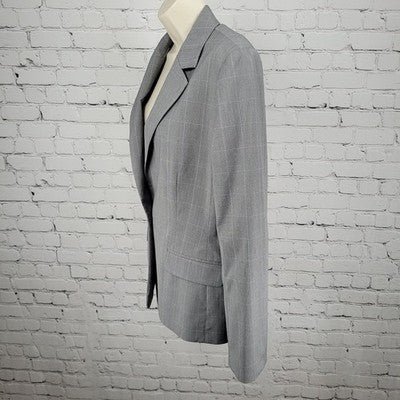 Ann Taylor Grey Check 1 Button Notch Lined Stretch Blazer Suit Jacket USA 10