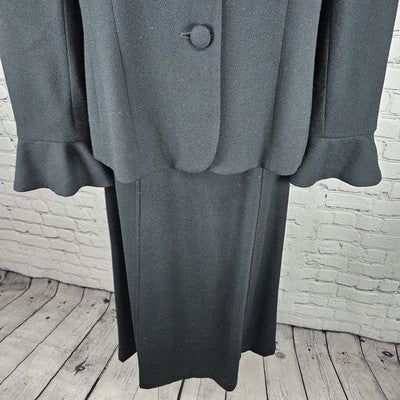 VTG Jones New York Black 100% Wool Midi Skirt Suit 2 Piece Set USA 10/12