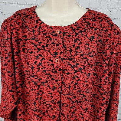 VTG Tandy Chez California Black Red Floral Lightweight Tunic Blouse Top USA 22W