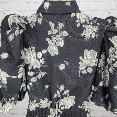 Mila Mae Black Cream Floral Puff Sleeve Collared Pleated Buttoned Midi Dress XS