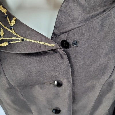 Jodi Brown Wool Silk Blend Gold Embroidered 3/4 Sleeve Buttoned Jacket Size 4