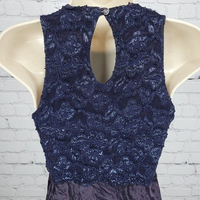 VTG Steppin Out Purple Satin Blue Lace Overlay Dress USA Made Size 3/4