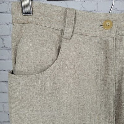 VTG British Khaki Beige 100% Linen Unlined Back Slit Pockets A Line Skirt Size 4