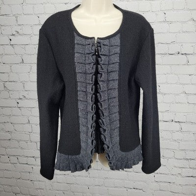 A. Giannetti Black 100% Wool Knit Pleated Ruffled Full Zip Unlined Jacket XL