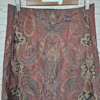 VTG Devan Red Paisley Unlined Ruched Back Pockets Zip Long A-Line Skirt USA 8