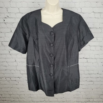 VTG Anthony Sicari Black Rhinestone Buttoned Shoulder Pad Top USA Made Size 20W