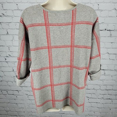 Tahari Grey Red Check 3/4 Cuffed Short Sleeve Pullover Lightweight Sweater 1X