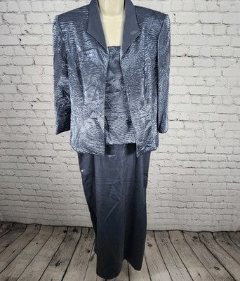 VTG Alex Evenings Blue Sheen 2 Piece Set Long Dress Jacket Outfit USA Medium M