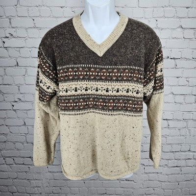 VTG Arizona Jean Co Brown Wool Blend Knit Fair Isle Pullover V Neck Sweater M
