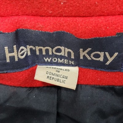 VTG Herman Kay Black Red Wool Blend Hooded Buttoned Long Heavy Over Coat 20W