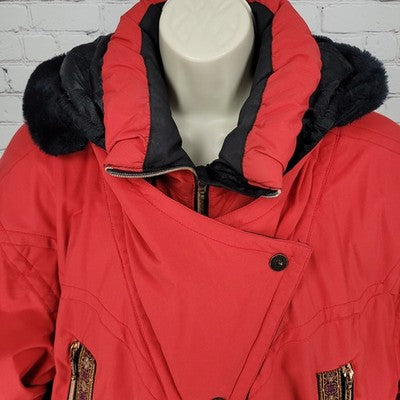 VTG Skiing Passport Retro Red Insulated Hooded Zip Pockets Jacket Size Medium M