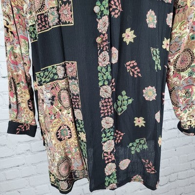 VTG Platinum Dorothy Schoelen Black Floral Long Sleeve Buttoned Blouse Top US PL
