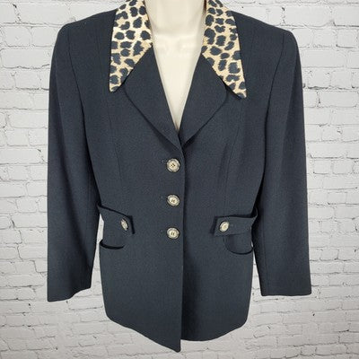 VTG Jones New York Black Worsted Wool Leopard Trim Suit Jacket USA Petite 6P