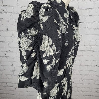 Mila Mae Black Cream Floral Puff Sleeve Collared Pleated Buttoned Midi Dress XS