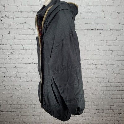 VTG UTEX 50 Black Velvety Print Trim Hooded Insulated Zip Puffer Jacket Large L