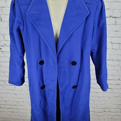 VTG KAREN Blue 100% Wool Puff Sleeve Heavyweight Lined Pea Coat USA Made Size 6