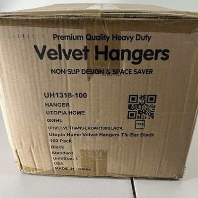New Utopia Home Black Non Slip Velvet Hangers Tie Bar 100 Pack Box
