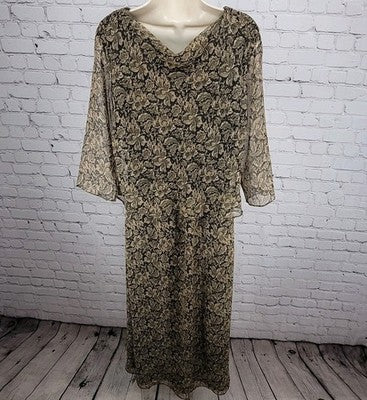VTG Coldwater Creek Brown Black Floral Lightweight 3/4 Sleeve Dress USA Small S