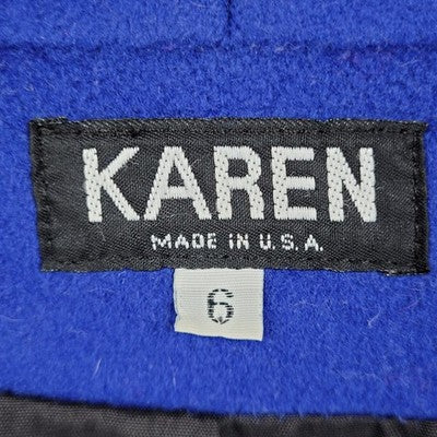 VTG KAREN Blue 100% Wool Puff Sleeve Heavyweight Lined Pea Coat USA Made Size 6