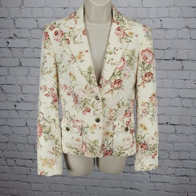 Daslu Cream Floral 100% Cotton Textured Buttoned Notch Suit Jacket Brazil 40