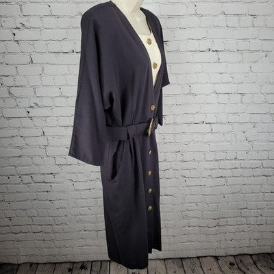 VTG Positive Influence Black Wool Blend Gold Buttoned Belted Midi Dress USA 16W