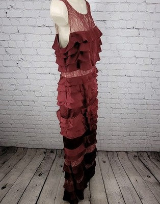 Adrianna Papell Deep Red Lace Layered Sleeveless Maxi Bridesmaid Dress Size 10