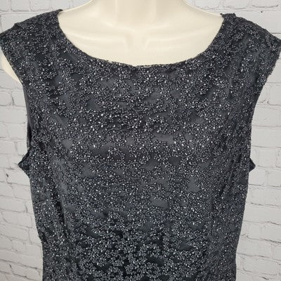 Tahari Black Sheer Glitter Overlay Sleeveless Fit & Flare Midi Dress Size 12