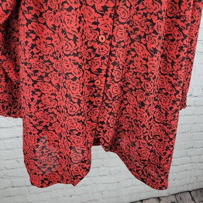 VTG Tandy Chez California Black Red Floral Lightweight Tunic Blouse Top USA 22W