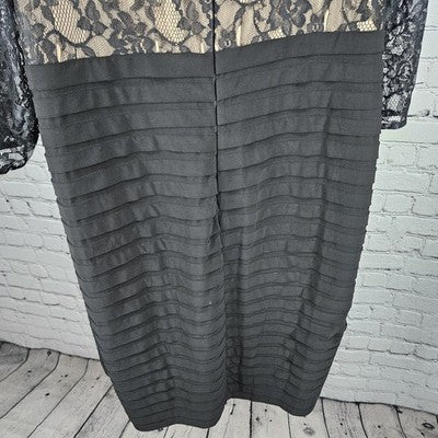 Adrianna Papell Black Lace Overlay Sheer 3/4 Sleeve V Neck Tiered Midi Dress 24W