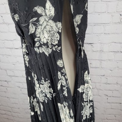 Mila Mae Black Cream Floral Puff Sleeve Collared Pleated Buttoned Midi Dress XS