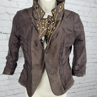 Jodi Brown Wool Silk Blend Gold Embroidered 3/4 Sleeve Buttoned Jacket Size 4