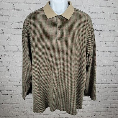 Sun River Green & Tan Houndstooth Cotton Long Sleeve Polo Shirt Size Large L