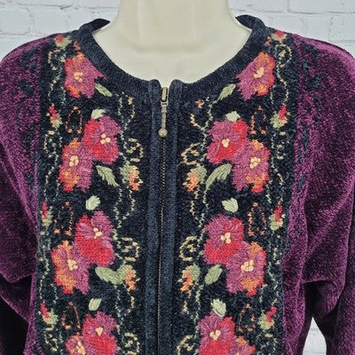 Coldwater Creek Purple Velvet Floral Embroidered Full Zip Jacket Small S