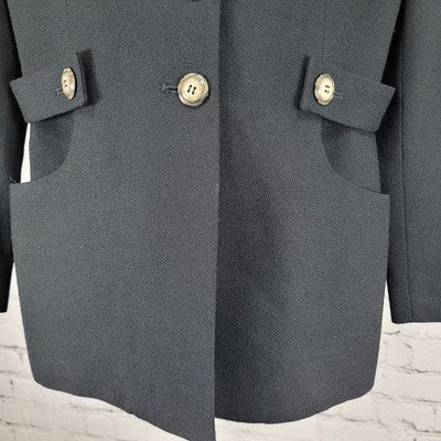 VTG Jones New York Black Worsted Wool Leopard Trim Suit Jacket USA Petite 6P