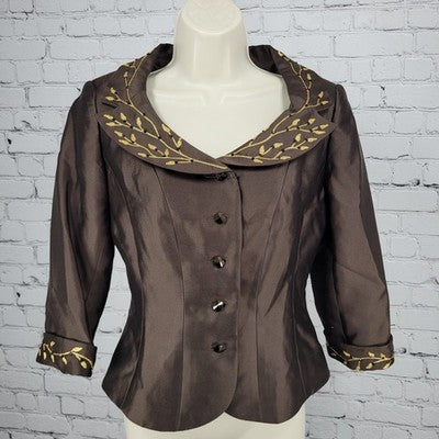 Jodi Brown Wool Silk Blend Gold Embroidered 3/4 Sleeve Buttoned Jacket Size 4