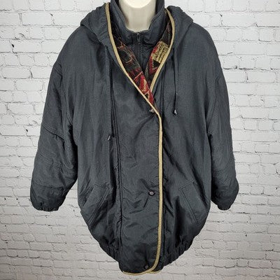 VTG UTEX 50 Black Velvety Print Trim Hooded Insulated Zip Puffer Jacket Large L