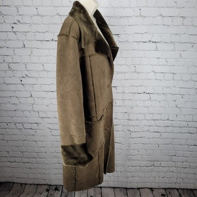 Blanc Noir Brown Suede Like Faux Fur Buttoned Collared Cuffed Long Coat Size XL