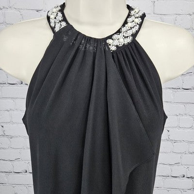Cache Black Beaded Pearl Neckline Halter Sheer Drape Stretch Lined Short Dress 2