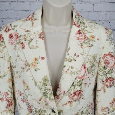 Daslu Cream Floral 100% Cotton Textured Buttoned Notch Suit Jacket Brazil 40
