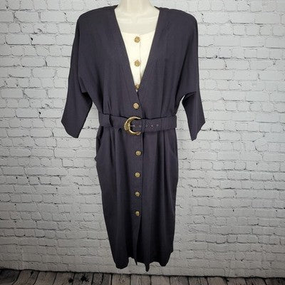 VTG Positive Influence Black Wool Blend Gold Buttoned Belted Midi Dress USA 16W