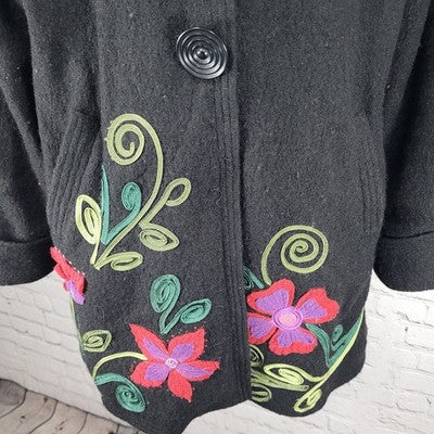 Carson Black 100% Wool Floral Applique Snap Closure Pockets Lined Coat Large L