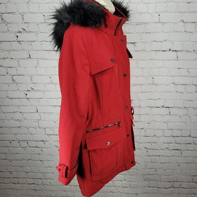 DKNY Red Faux Fur Trim Removable Hood Insulated Full Zip Jacket Medium M